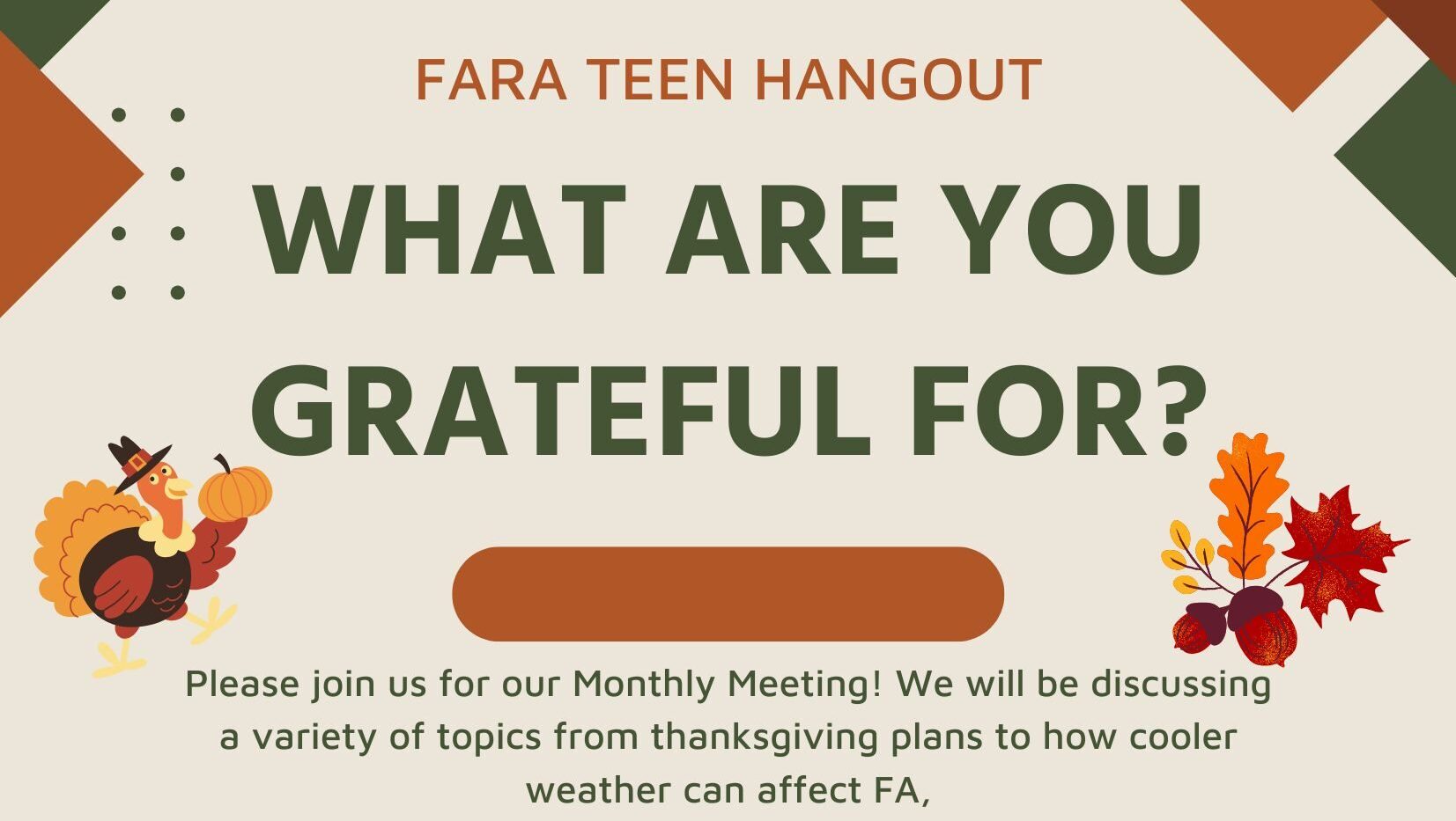 FARA Teen Hangouts November 2024 Invite about Thanksgiving and giving thanks.